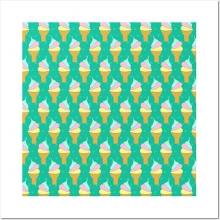 Soft Ice Cream Cones on Green Polka Dots Posters and Art